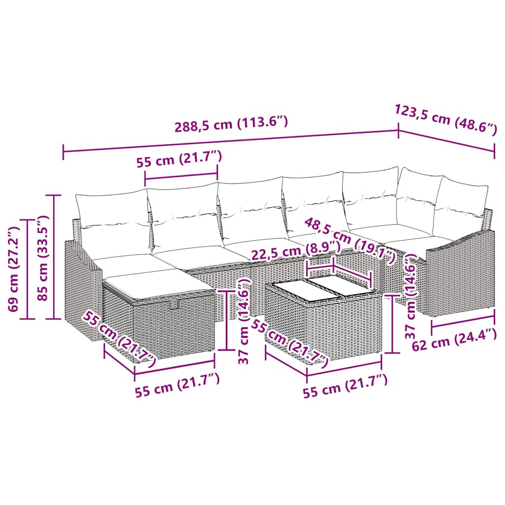 Conjunto de Sofá de Jardim com almofada 8 pcs Cinzento-claro