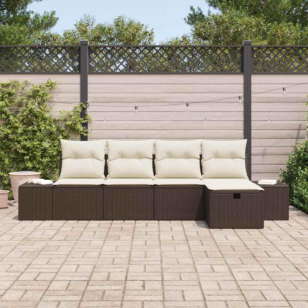 Conjunto de Sofá de Jardim com almofada 5 pcs Castanho vime PE