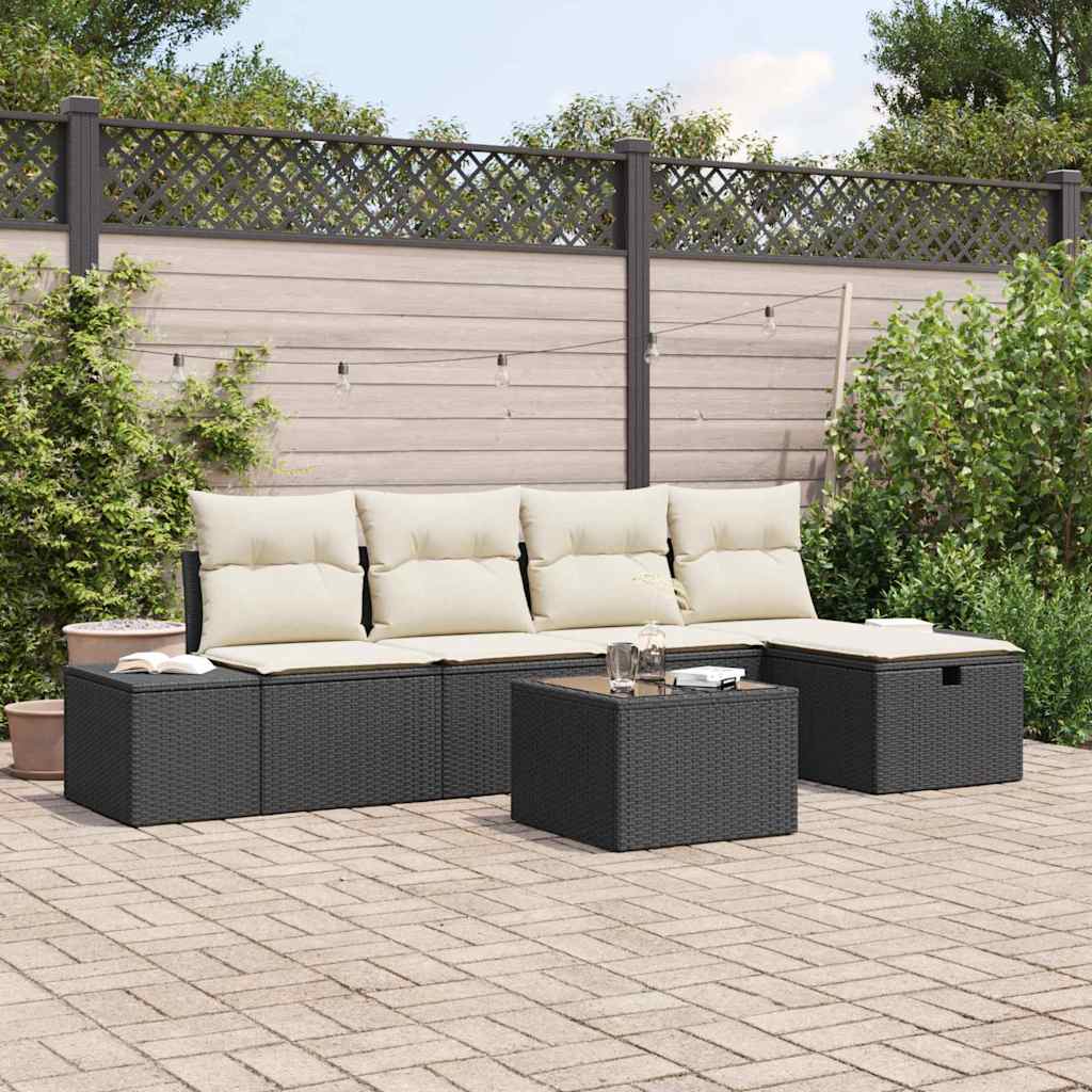 Conjunto de Sofá de Jardim com almofada 6 pcs Preto vime PE