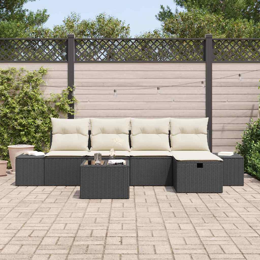 Conjunto de Sofá de Jardim com almofada 6 pcs Preto vime PE