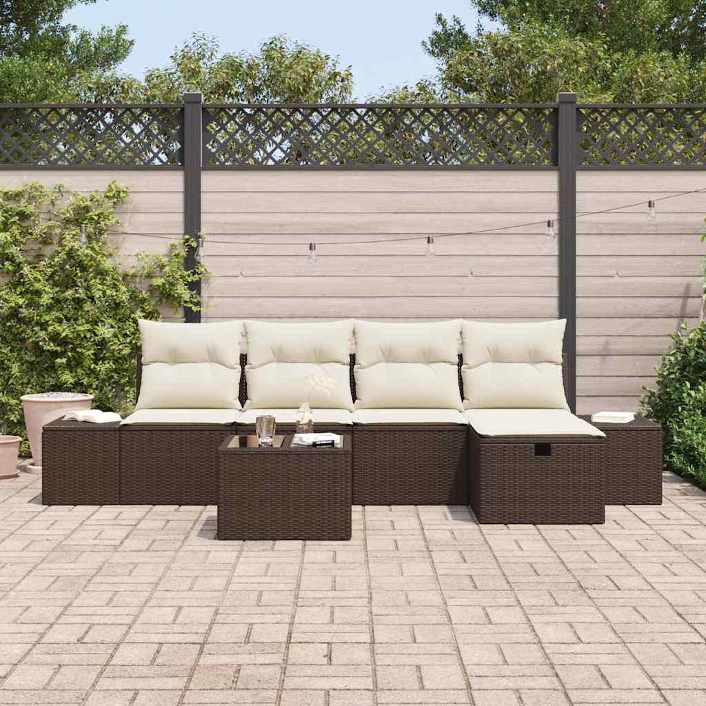 Conjunto de Sofá de Jardim com almofada 6 pcs Castanho vime PE