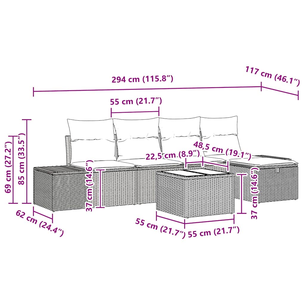 Conjunto de Sofá de Jardim com almofada 6 pcs Cinzeto vime PE