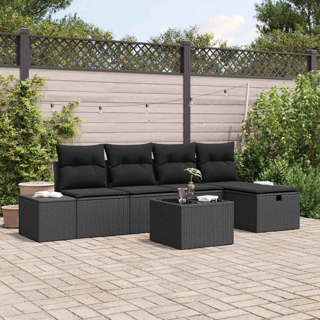 Conjunto de Sofá de Jardim com almofada 6 pcs Preto vime PE