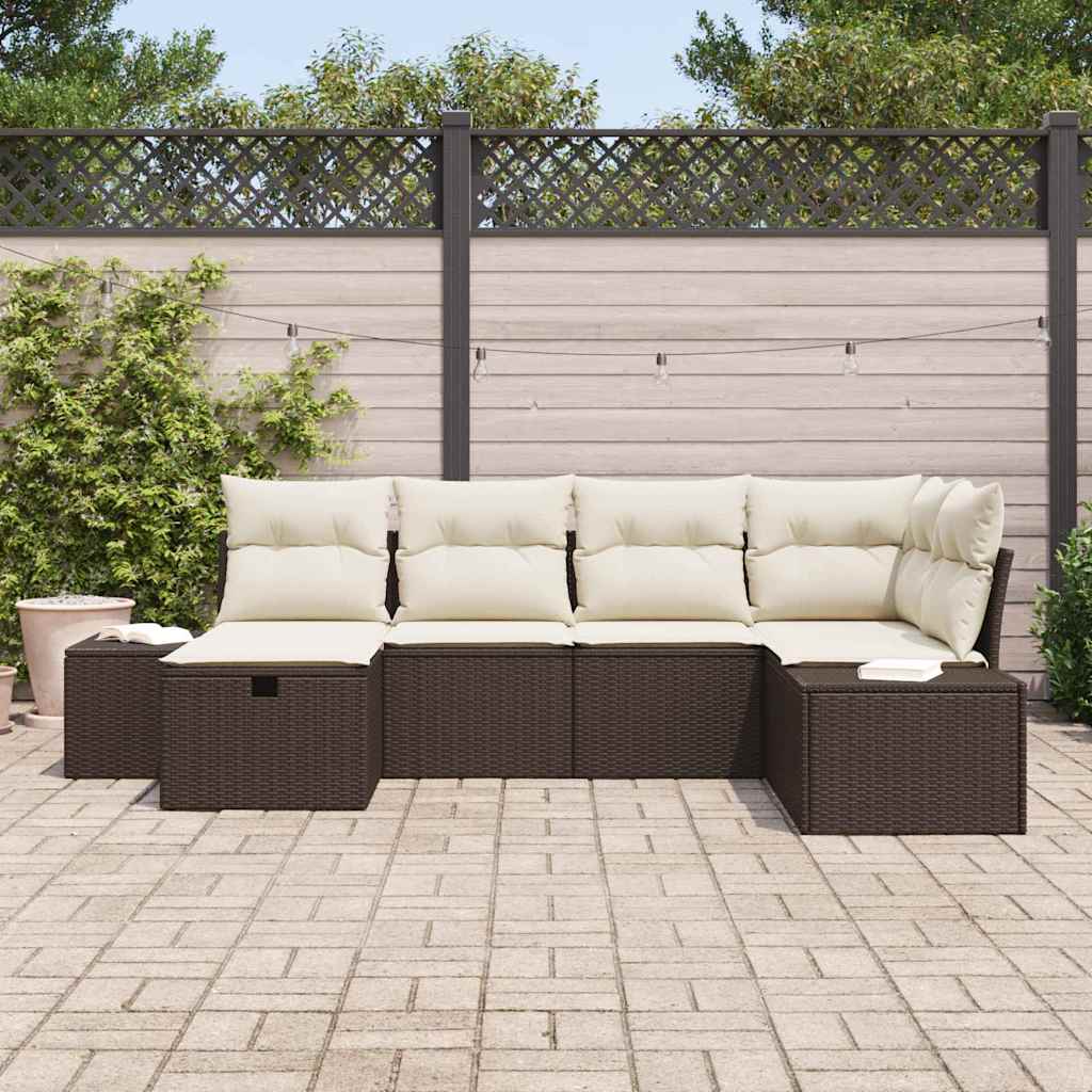 Conjunto de Sofá de Jardim com almofada 6 pcs Castanho vime PE