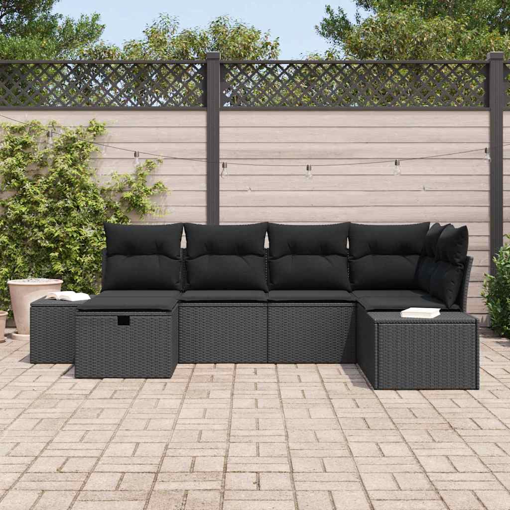 Conjunto de Sofá de Jardim com almofada 6 pcs Preto vime PE