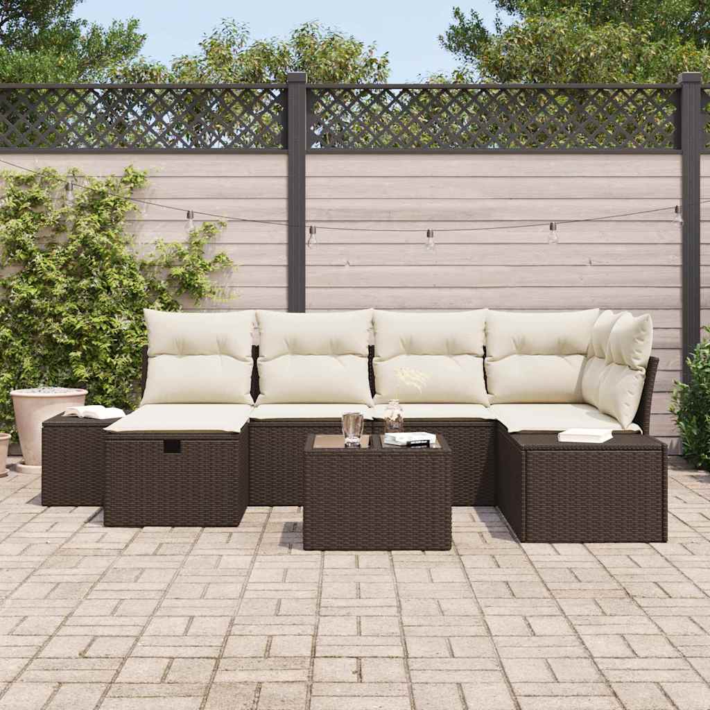 Conjunto de Sofá de Jardim com almofada 7 pcs Castanho vime PE