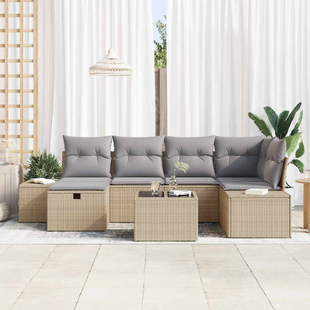 Conjunto de Sofá de Jardim com almofada 7 pcs Bege vime PE