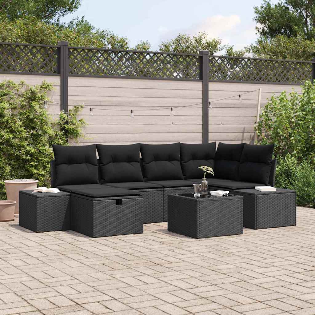 Conjunto de Sofá de Jardim com almofada 7 pcs Preto vime PE
