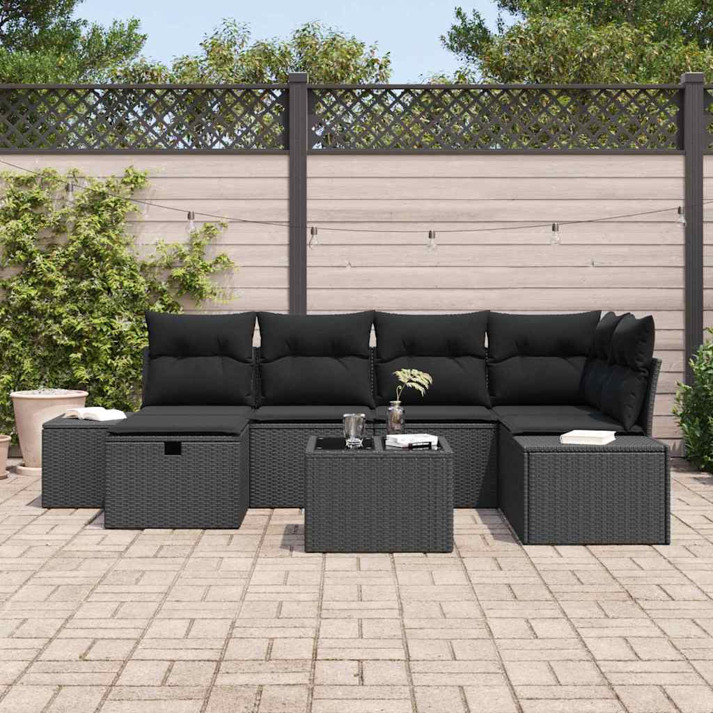 Conjunto de Sofá de Jardim com almofada 7 pcs Preto vime PE