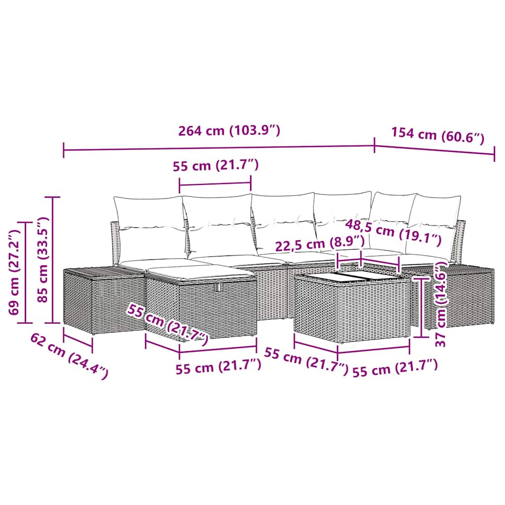 Conjunto de Sofá de Jardim com almofada 7 pcs Preto vime PE