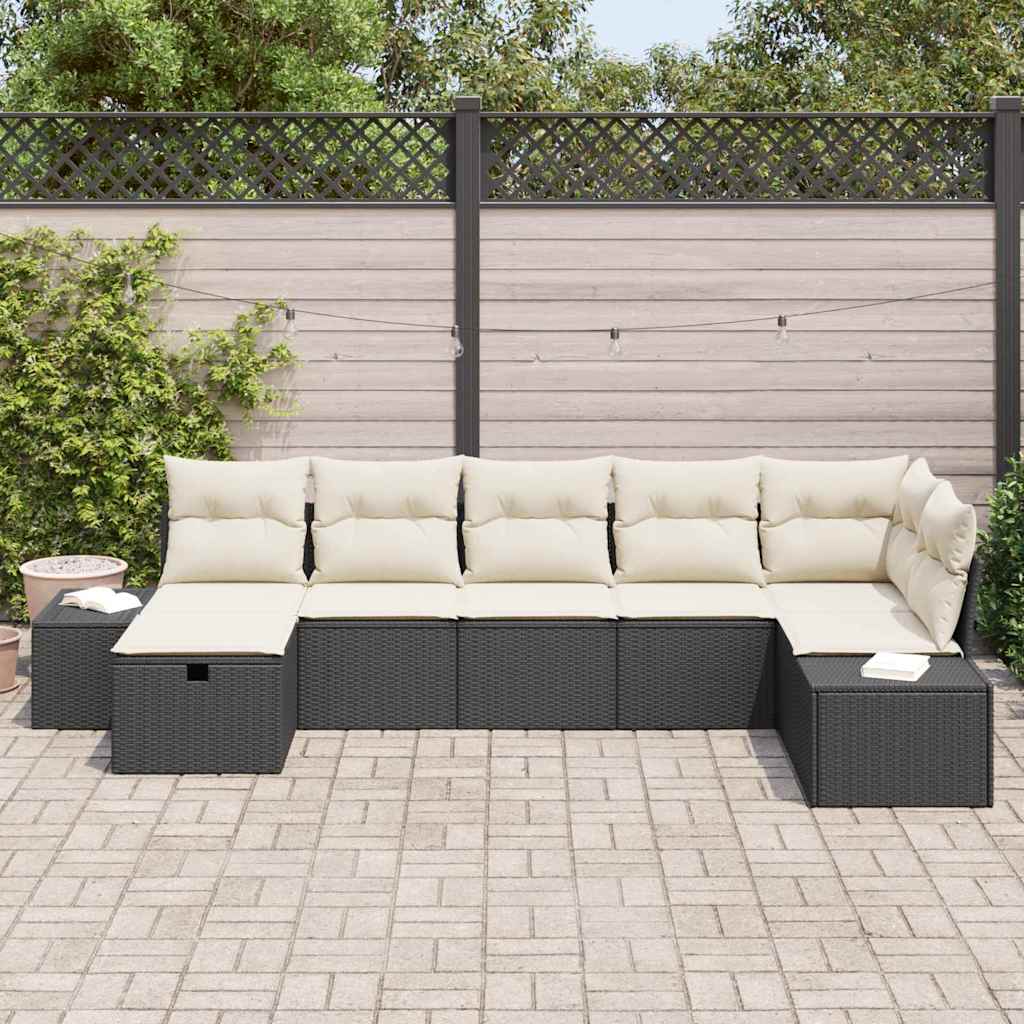 Conjunto de Sofá de Jardim com almofada 7 pcs Preto vime PE