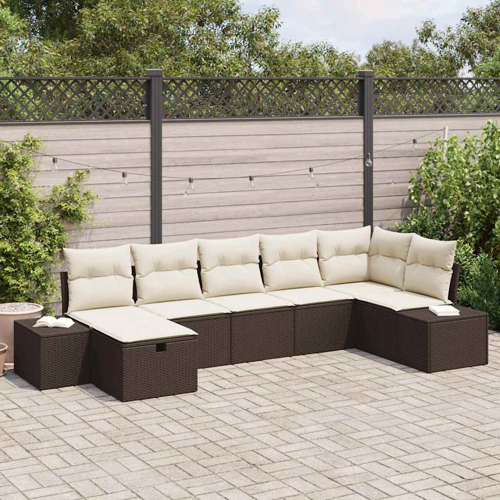Conjunto de Sofá de Jardim com almofada 7 pcs Castanho vime PE