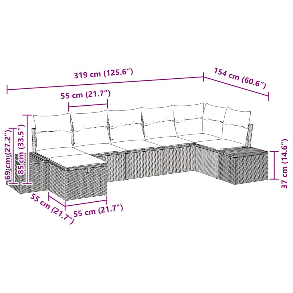 Conjunto de Sofá de Jardim com almofada 7 pcs Bege vime PE