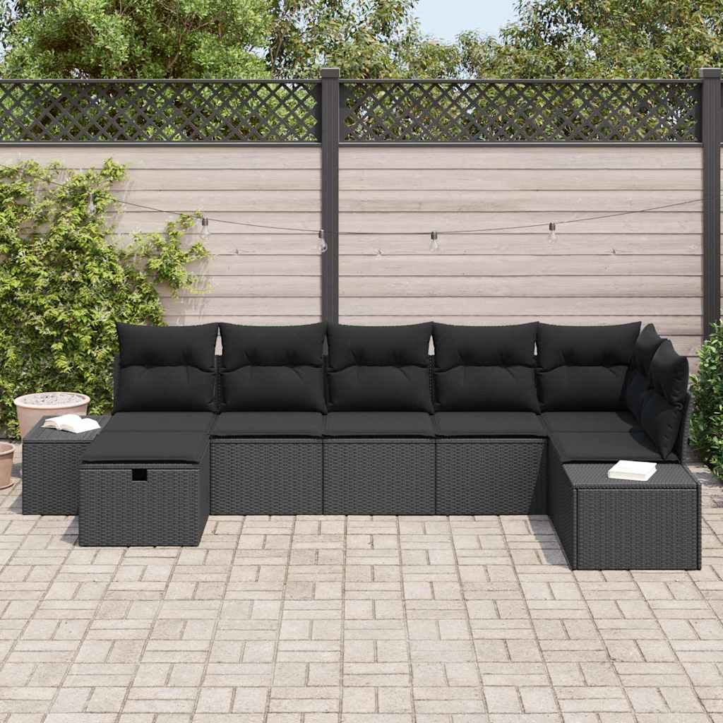 Conjunto de Sofá de Jardim com almofada 7 pcs Preto vime PE