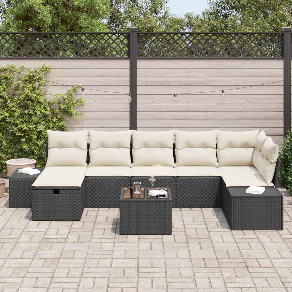 Conjunto de Sofá de Jardim com almofada 8 pcs Preto vime PE