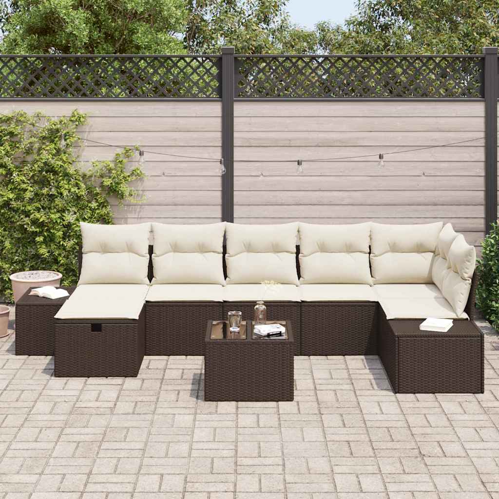 Conjunto de Sofá de Jardim com almofada 8 pcs Castanho vime PE