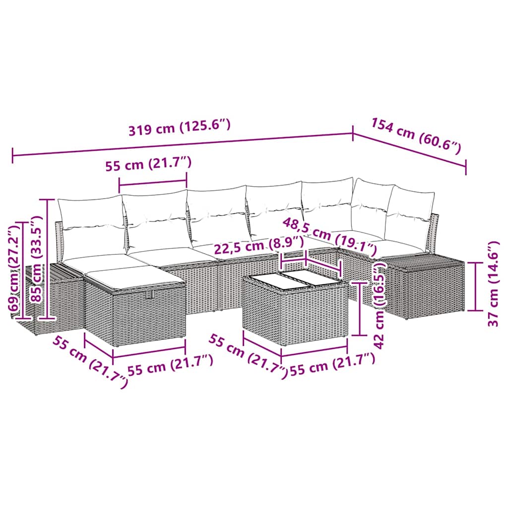 Conjunto de Sofá de Jardim com almofada 8 pcs Bege vime PE