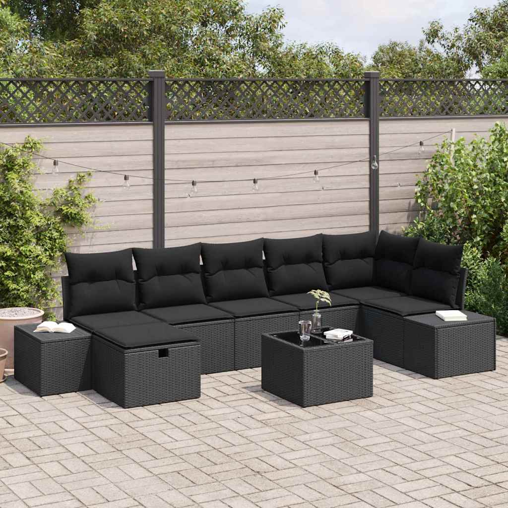 Conjunto de Sofá de Jardim com almofada 8 pcs Preto vime PE