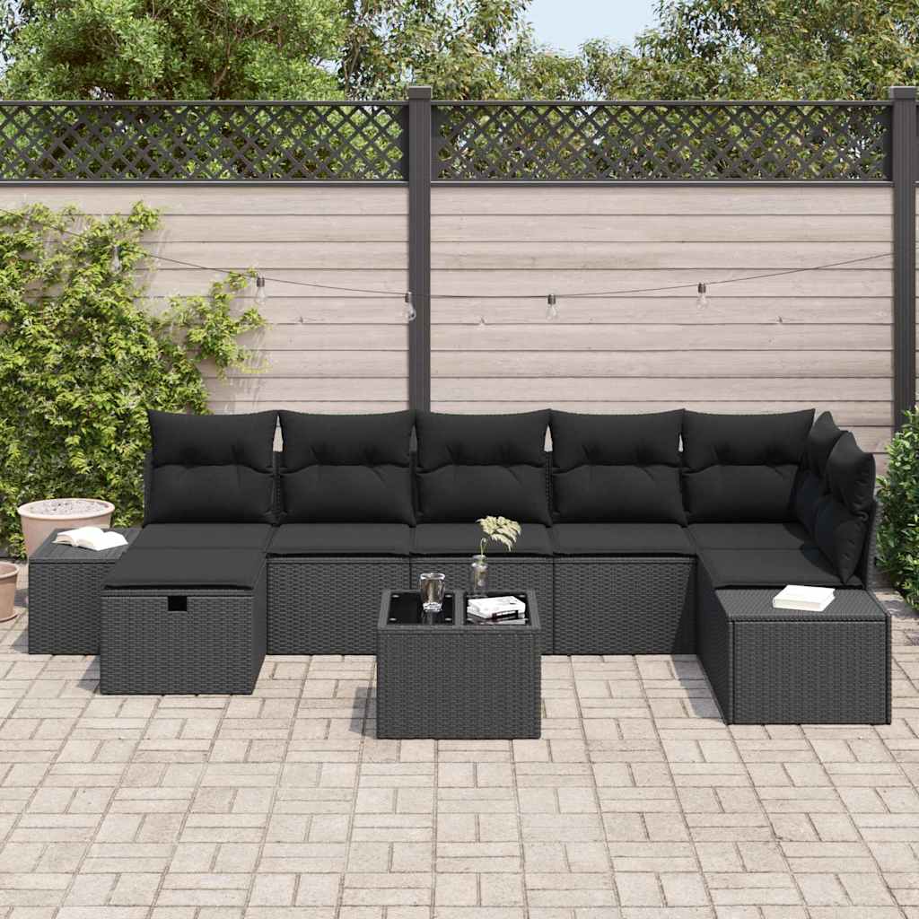 Conjunto de Sofá de Jardim com almofada 8 pcs Preto vime PE