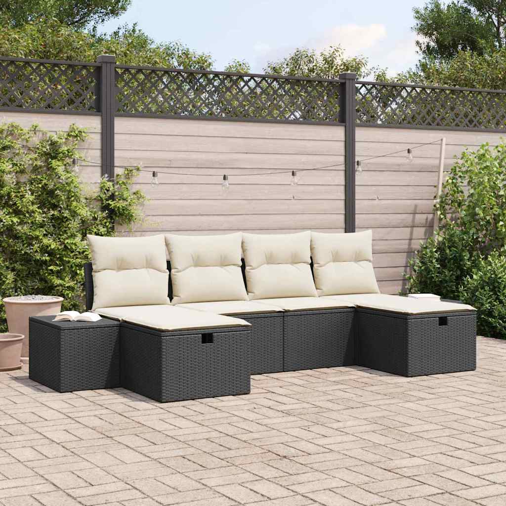 Conjunto de Sofá de Jardim com almofada 6 pcs Preto vime PE