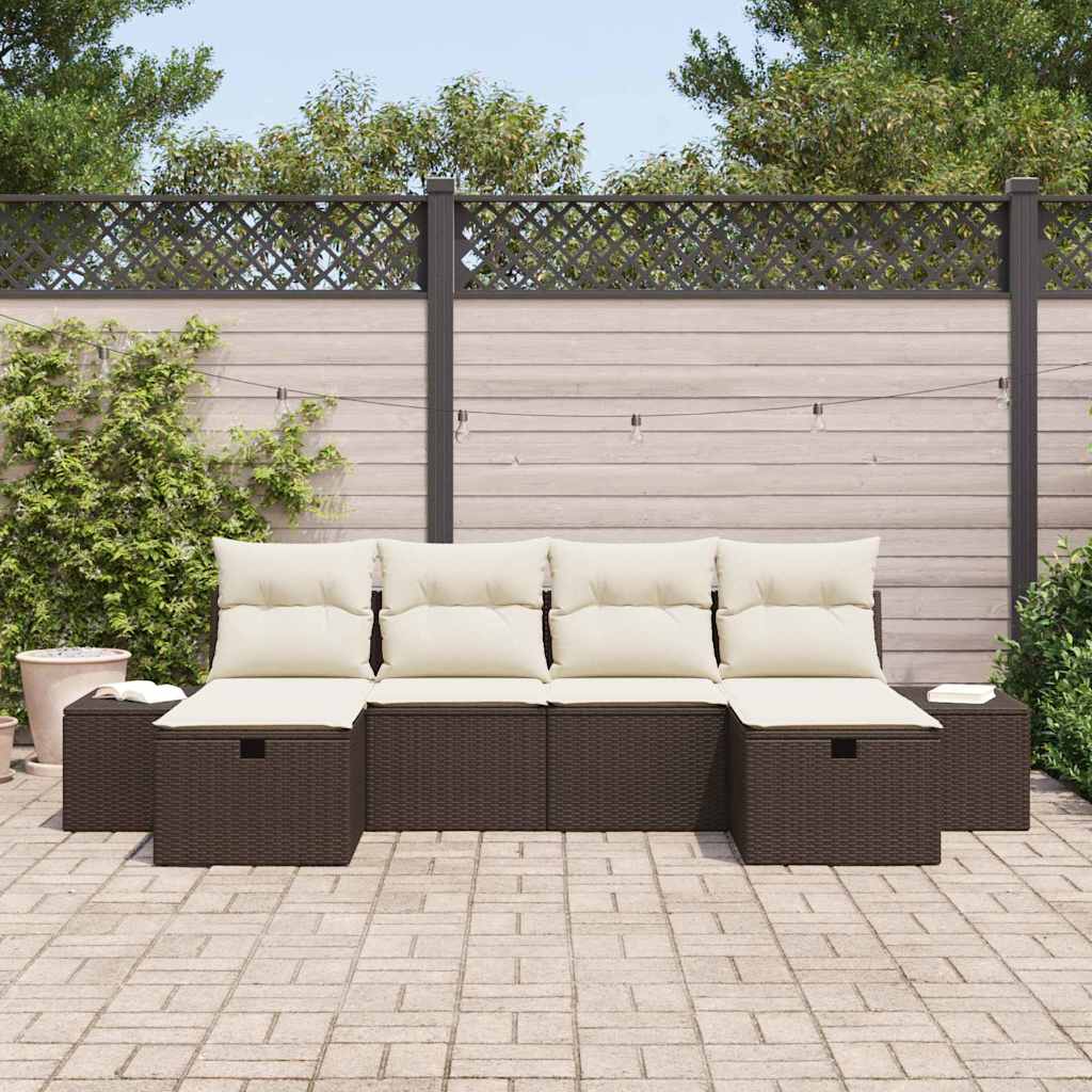 Conjunto de Sofá de Jardim com almofada 6 pcs Castanho vime PE
