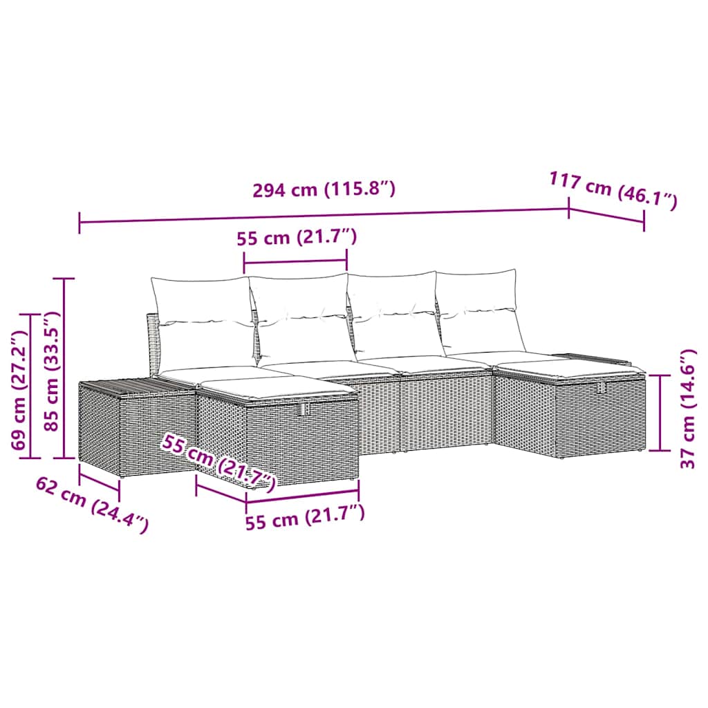 Conjunto de Sofá de Jardim com almofada 6 pcs Cinzeto vime PE