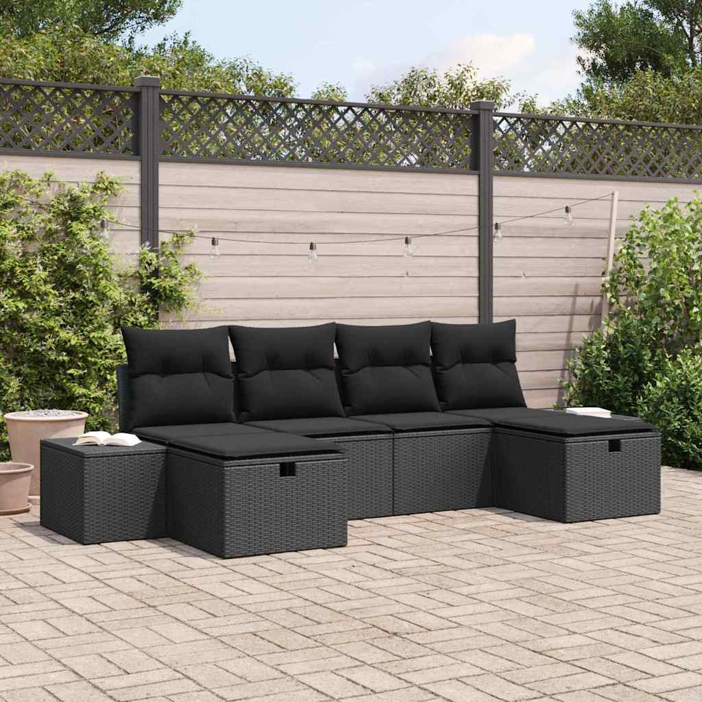 Conjunto de Sofá de Jardim com almofada 6 pcs Preto vime PE