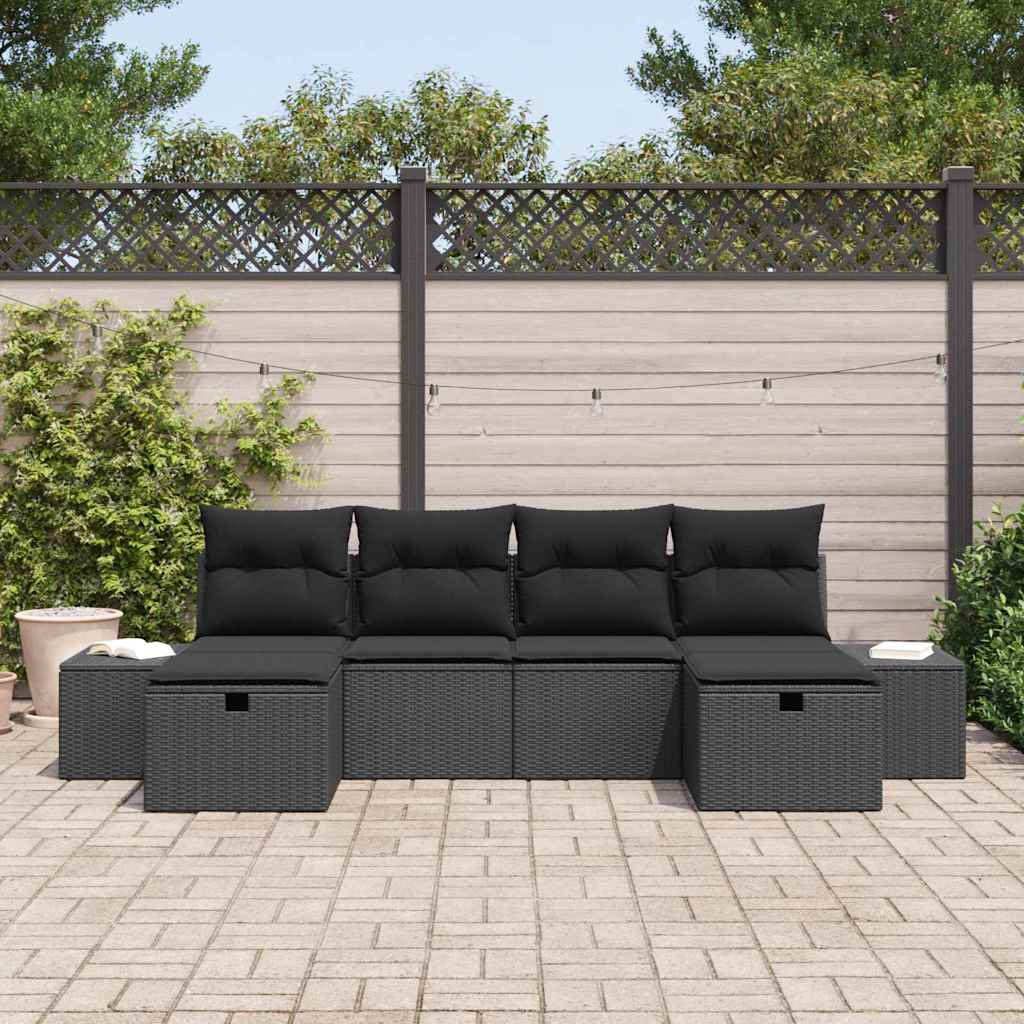 Conjunto de Sofá de Jardim com almofada 6 pcs Preto vime PE