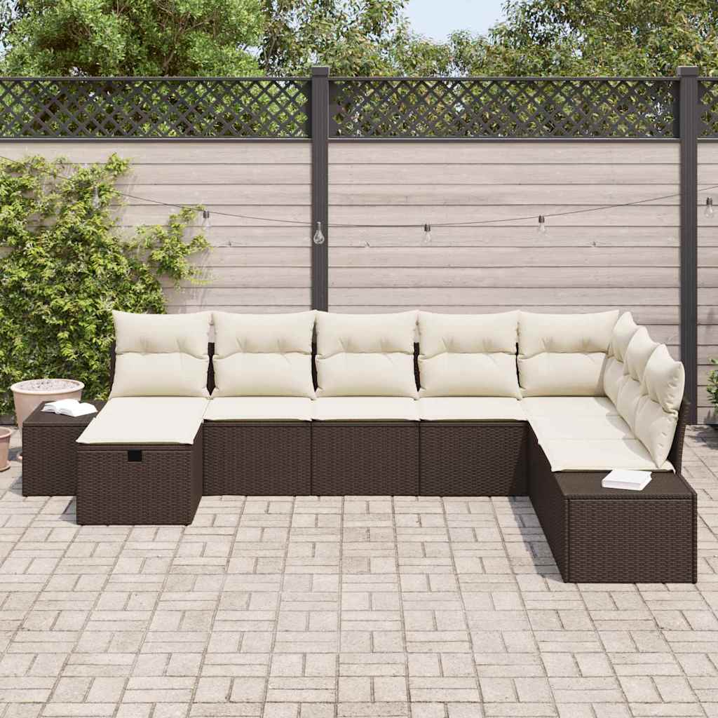 Conjunto de Sofá de Jardim com almofada 8 pcs Castanho vime PE