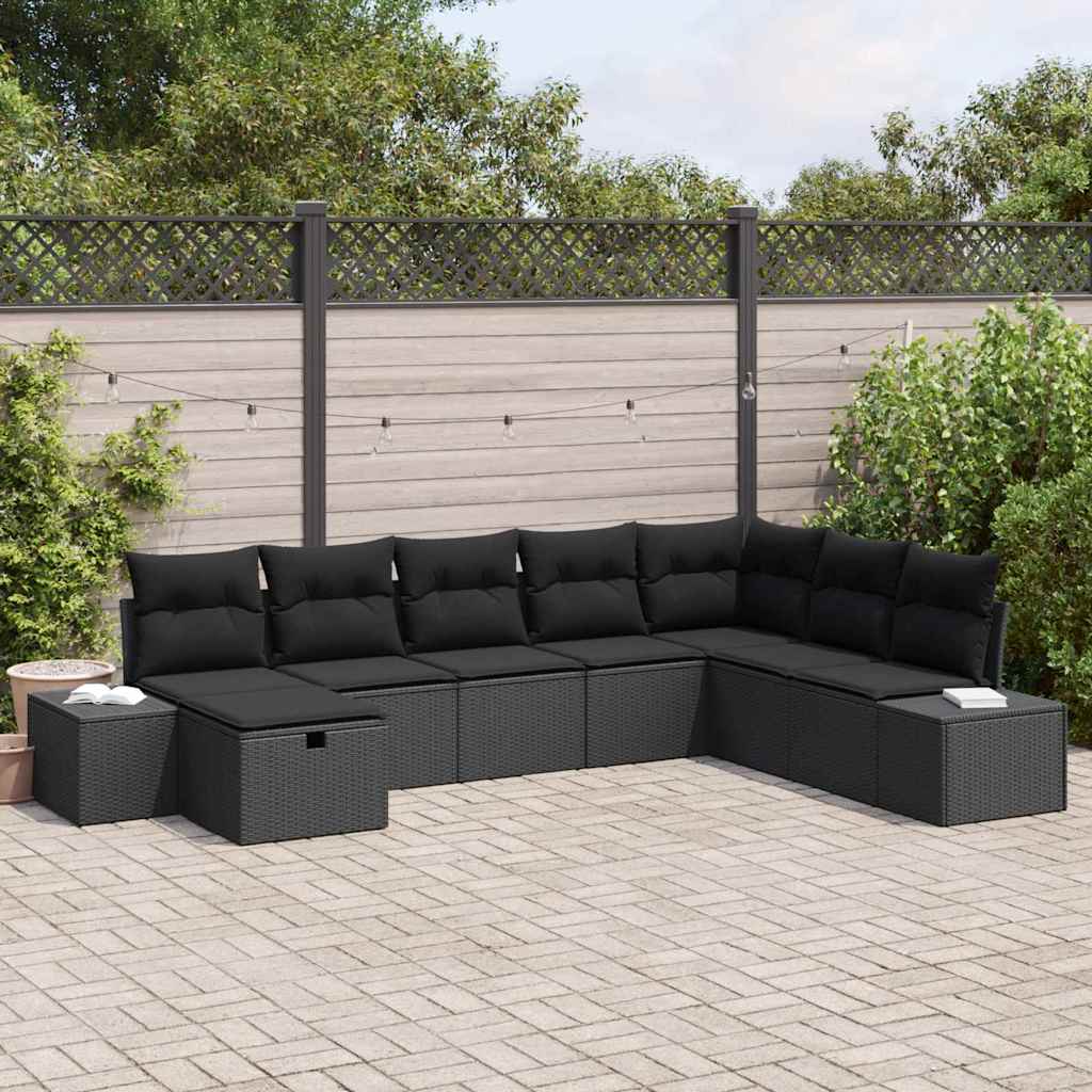 Conjunto de Sofá de Jardim com almofada 8 pcs Preto vime PE