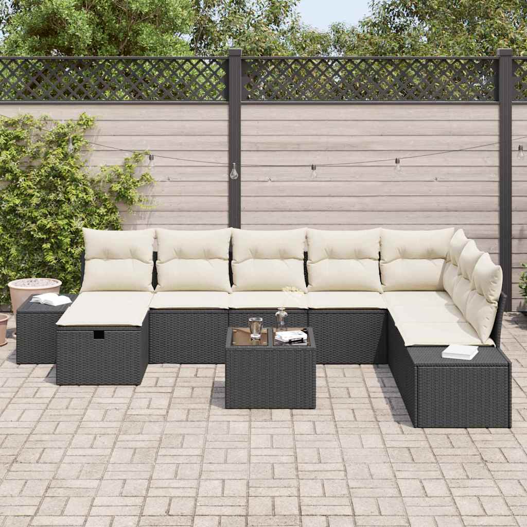 Conjunto de Sofá de Jardim com almofada 9 pcs Preto vime PE