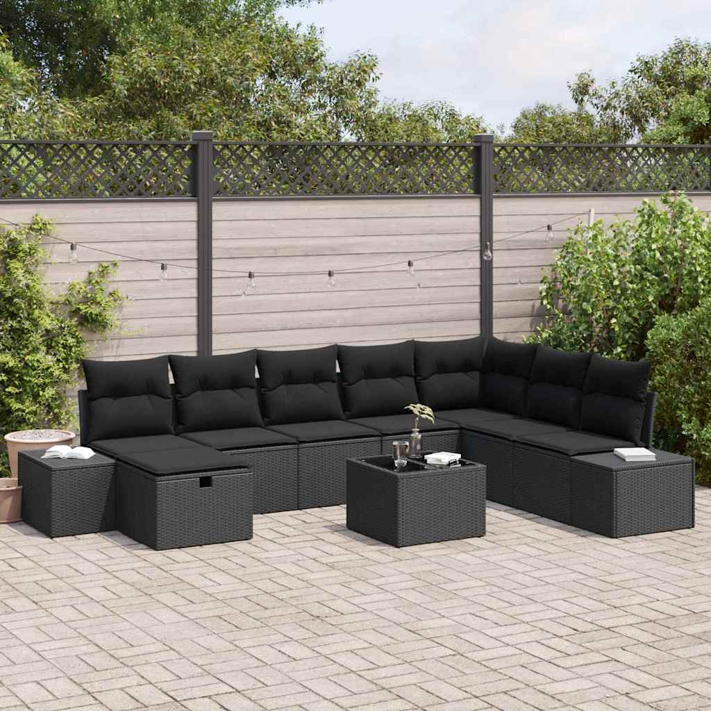 Conjunto de Sofá de Jardim com almofada 9 pcs Preto vime PE