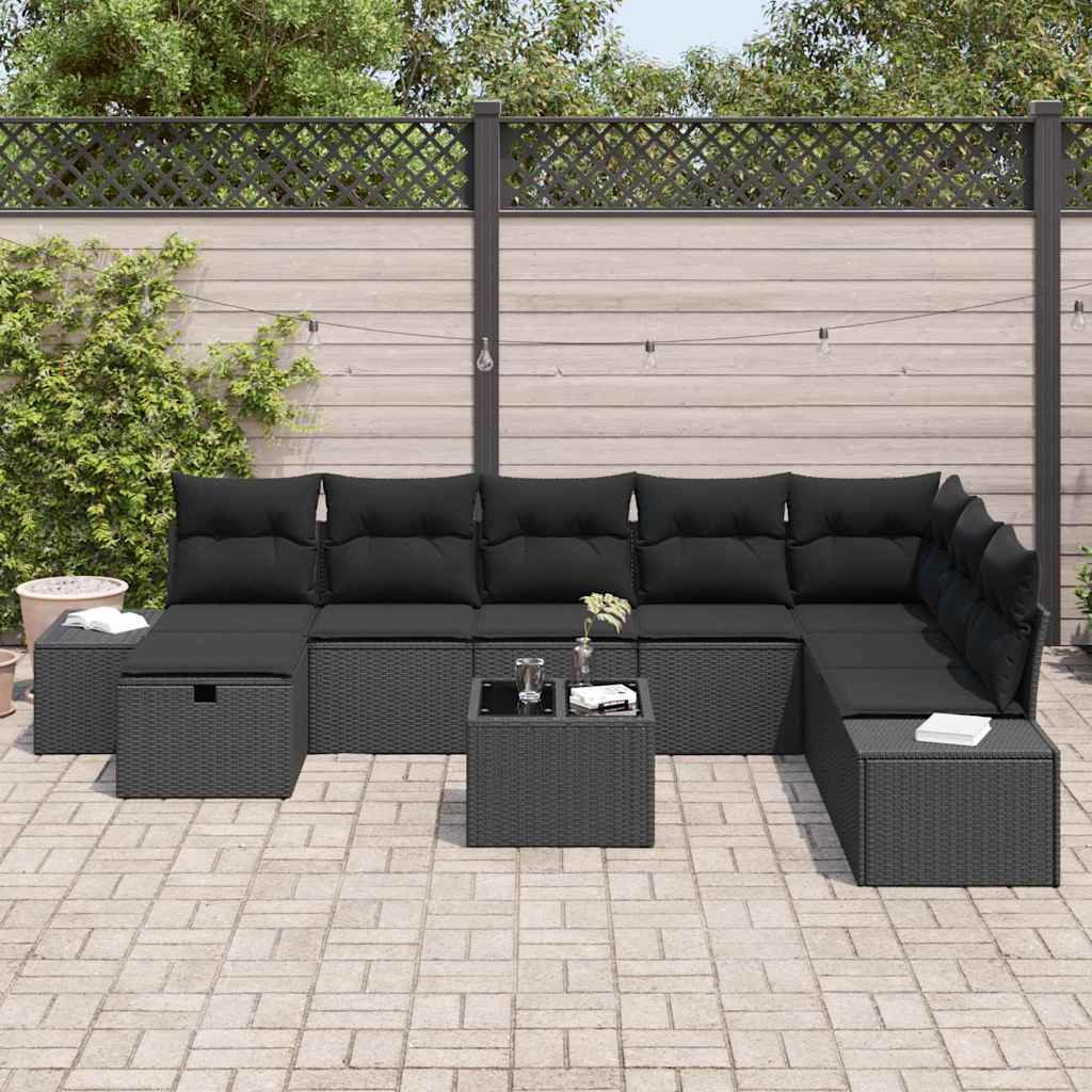 Conjunto de Sofá de Jardim com almofada 9 pcs Preto vime PE
