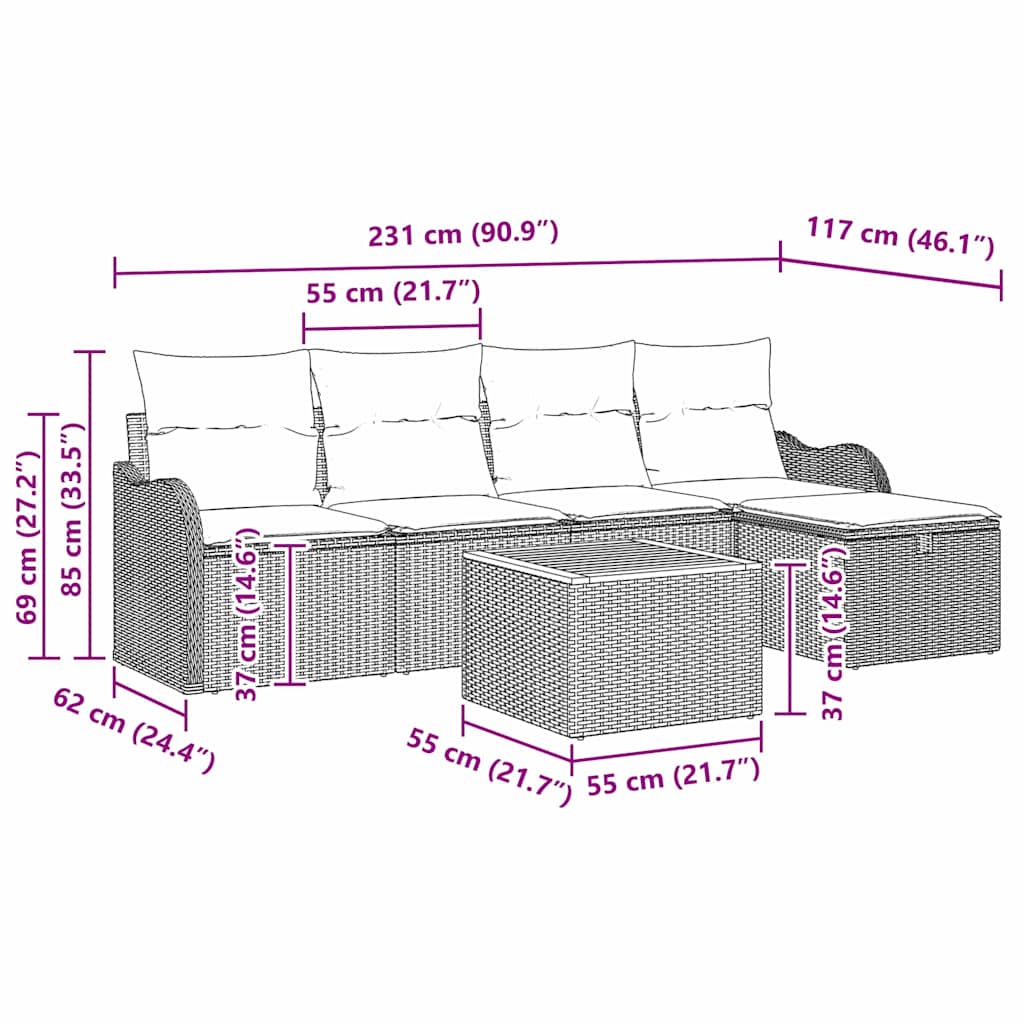 Conjunto de Sofá de Jardim 6 pcs Bege Rattan Sintético