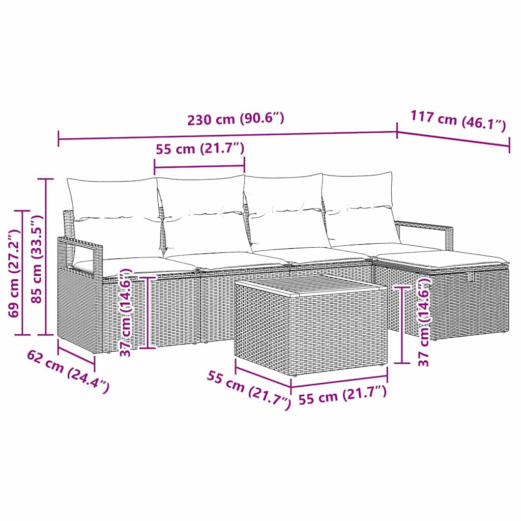 Conjunto de Sofá de Jardim 6 pcs Cinzeto Rattan Sintético