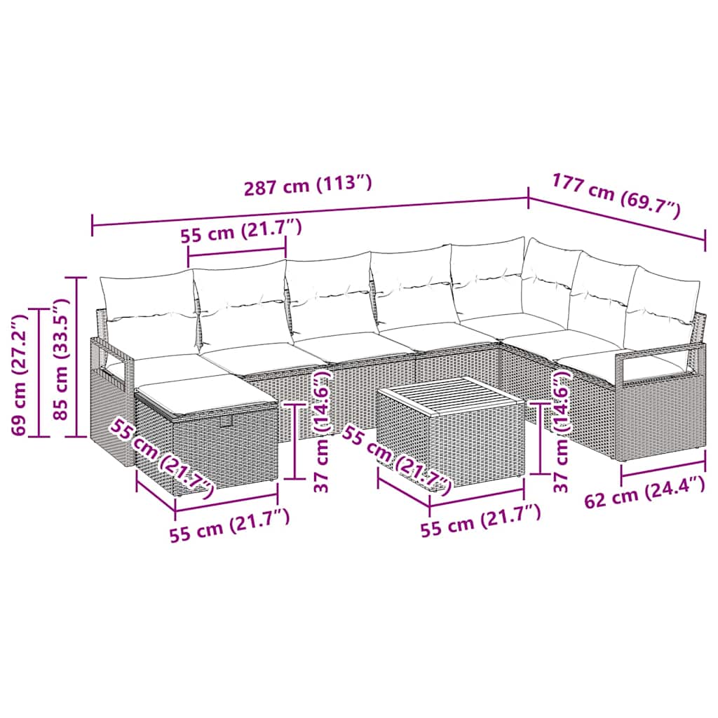 Conjunto de Sofá de Jardim 9 pcs Cinzeto Rattan Sintético