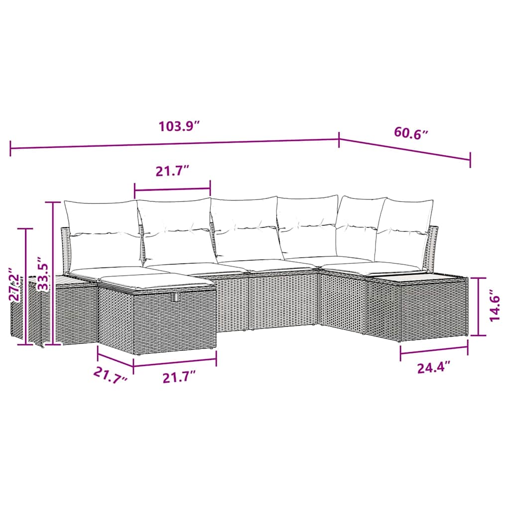 Conjunto de Sofá de Jardim com almofada 6 pcs Preto vime PE