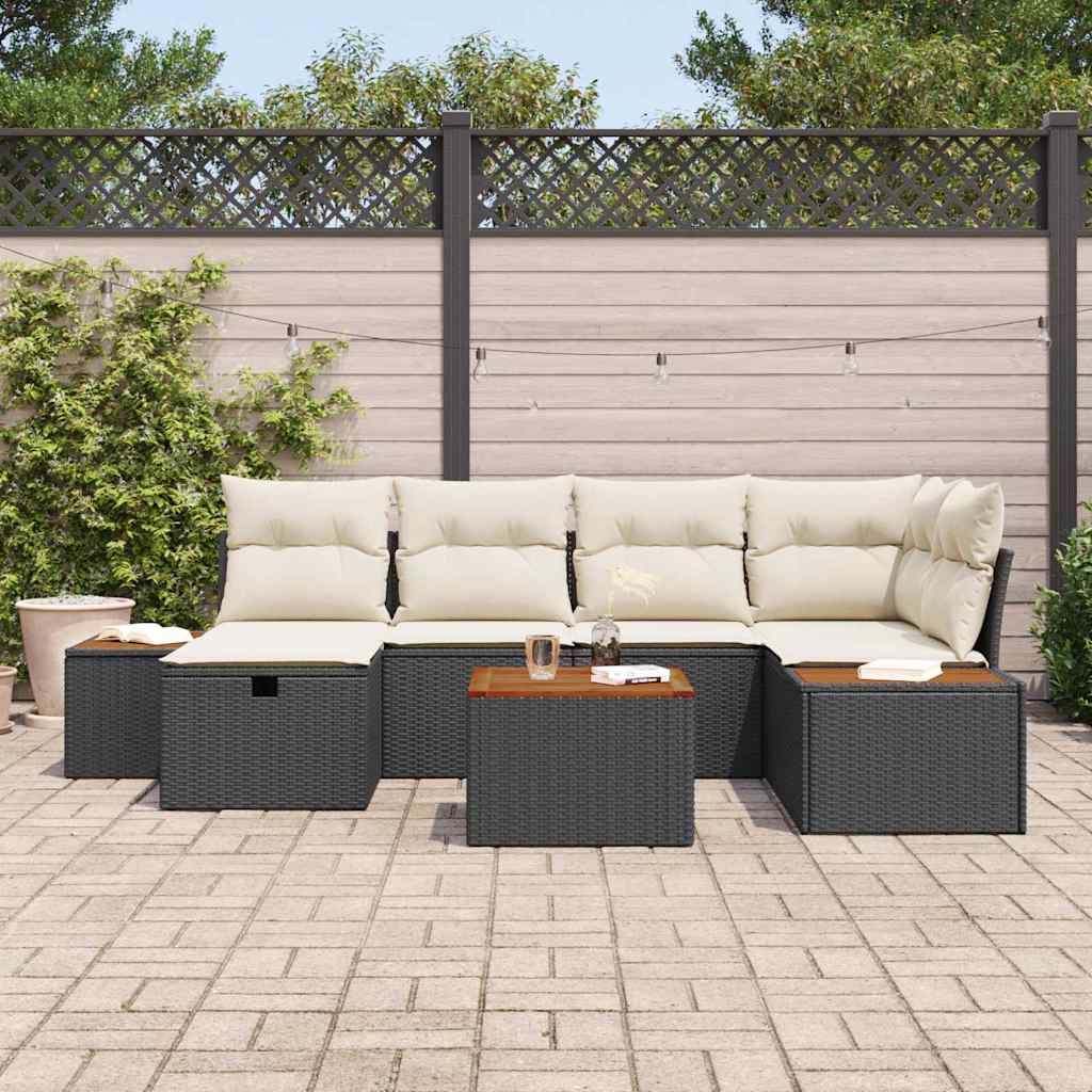 Conjunto de Sofá de Jardim com almofada 7 pcs Preto vime PE