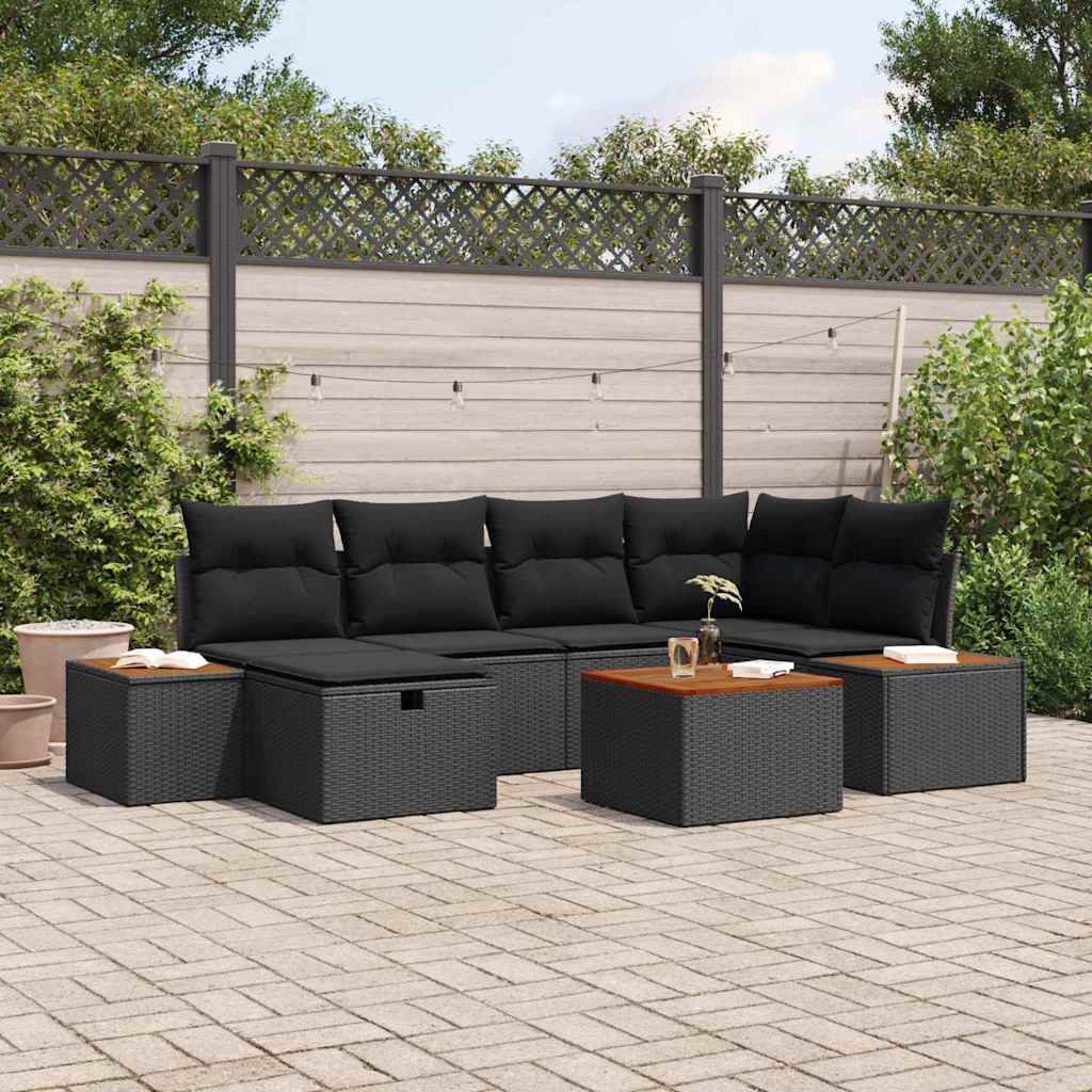 Conjunto de Sofá de Jardim com almofada 7 pcs Preto vime PE