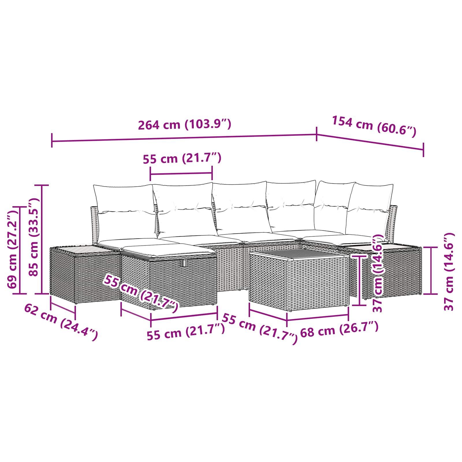 Conjunto de Sofá de Jardim com almofada 7 pcs Preto vime PE