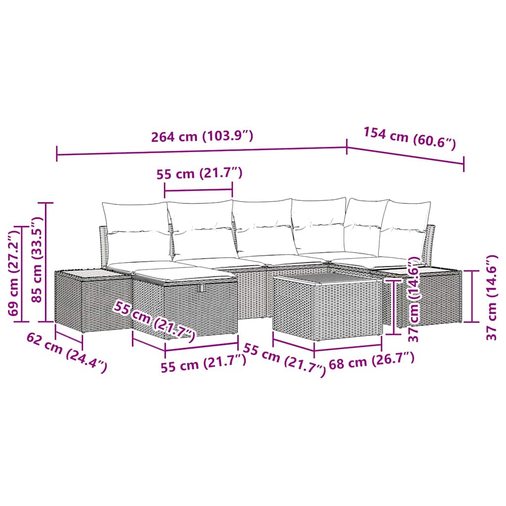 Conjunto de Sofá de Jardim com almofada 7 pcs Bege vime PE