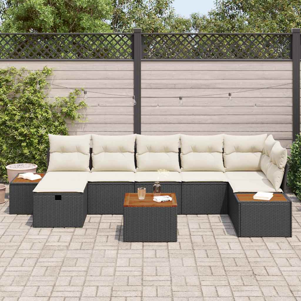 Conjunto de Sofá de Jardim com almofada 8 pcs Preto vime PE