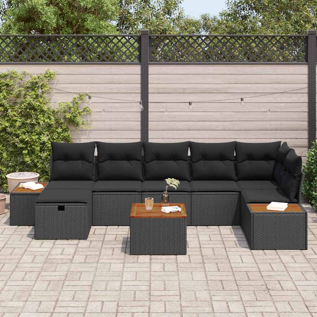 Conjunto de Sofá de Jardim com almofada 8 pcs Preto vime PE