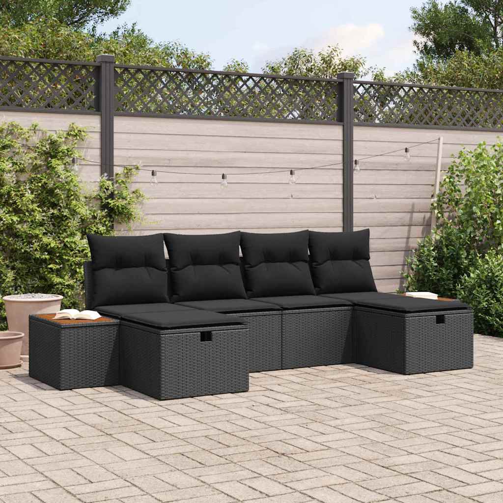 Conjunto de Sofá de Jardim com almofada 6 pcs Preto vime PE