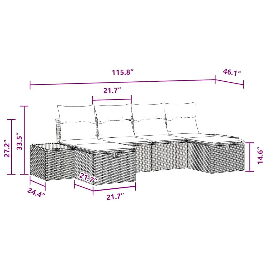 Conjunto de Sofá de Jardim com almofada 6 pcs Preto vime PE