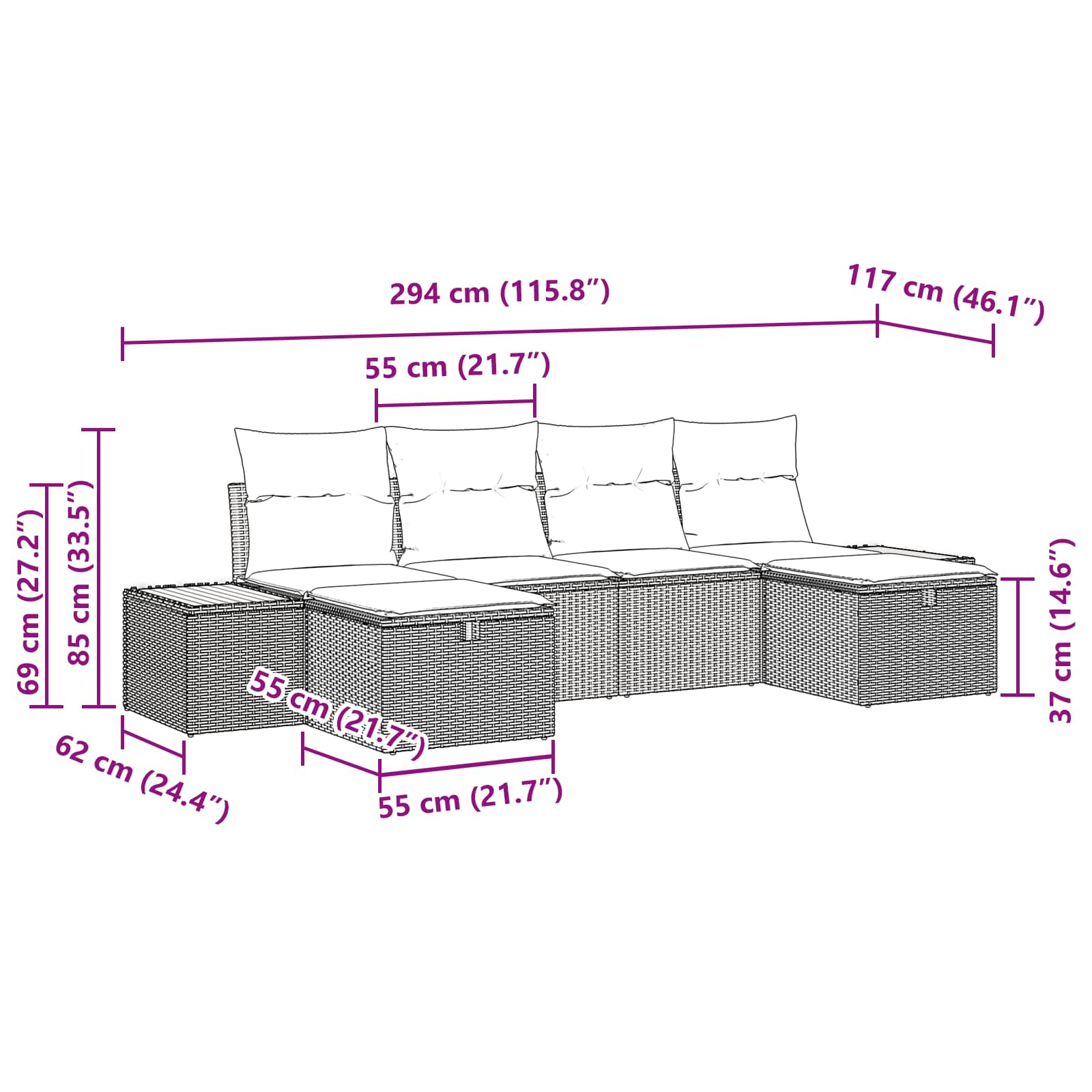 Conjunto de Sofá de Jardim com almofada 6 pcs Preto vime PE