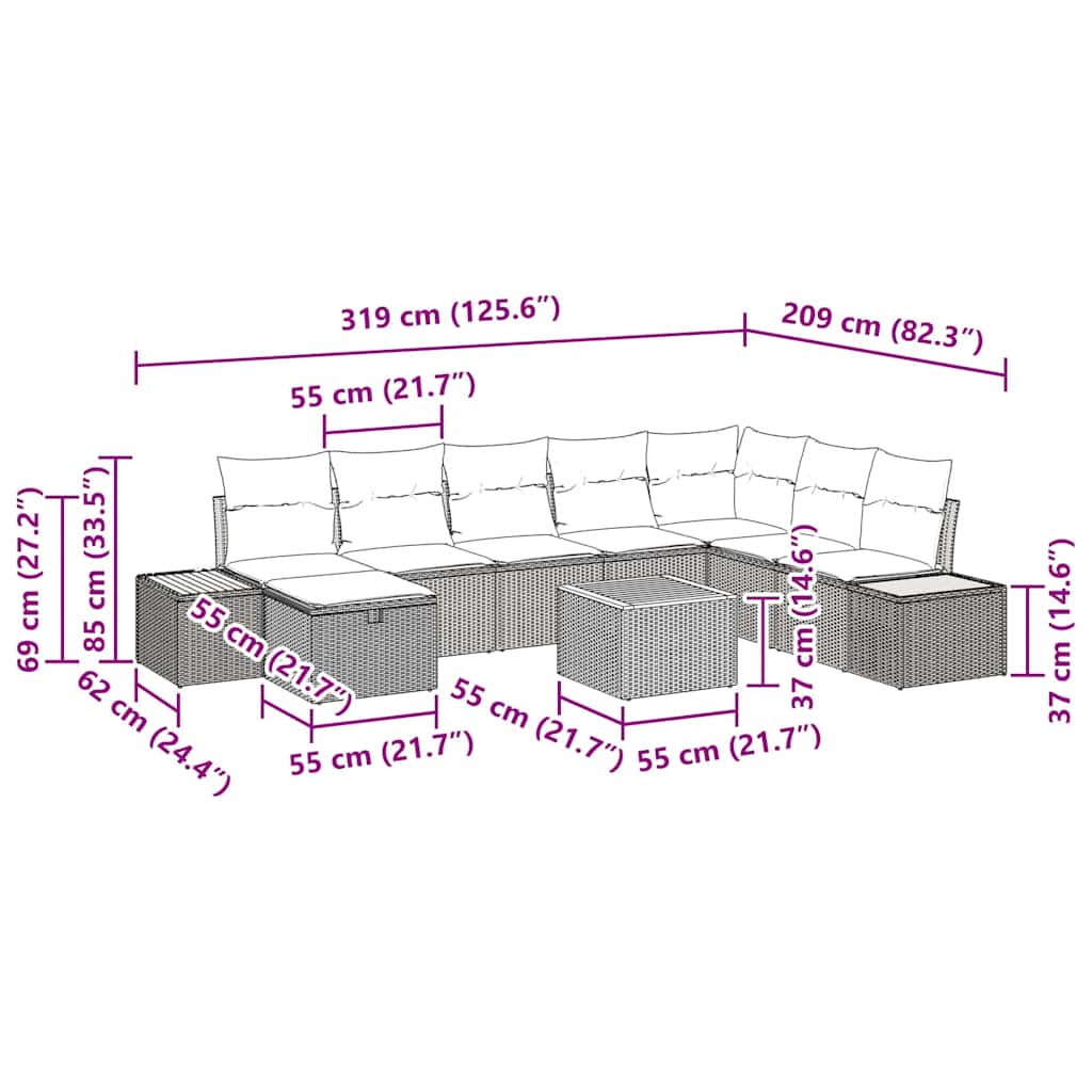 Conjunto de Sofá de Jardim 9 pcs Preto Rattan Sintético
