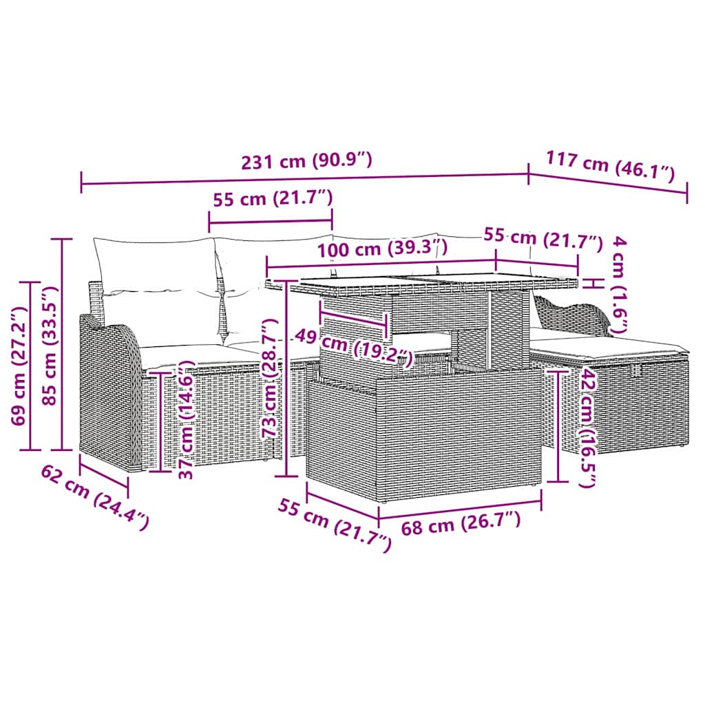 Conjunto de Sofá de Jardim 6 pcs Cinzeto Rattan Sintético