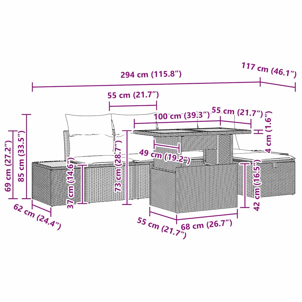Conjunto de Sofá de Jardim 6 pcs Cinzeto Rattan Sintético