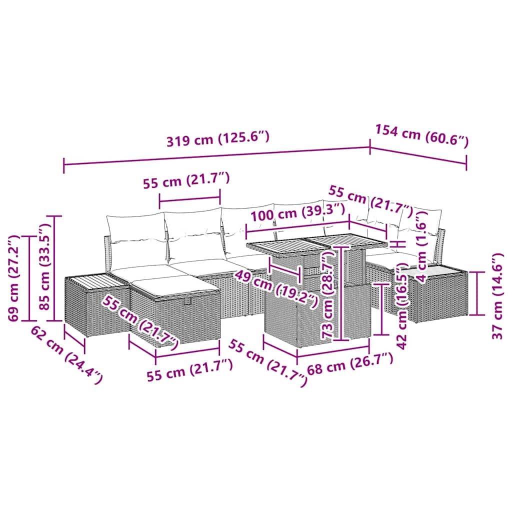 Conjunto de Sofá de Jardim 8 pcs Bege Rattan Sintético